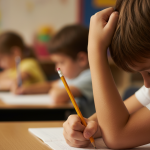 Kind mit Leseschwierigkeiten betrachtet tanzende Buchstaben zur Veranschaulichung der visuellen Wahrnehmungsstörung und Blicksteuerung im NPZ Ruhm.