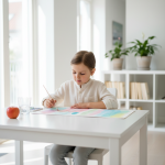 Ein entspanntes Kind lernt am Schreibtisch nach erfolgreicher neuromotorischer Entwicklungsförderung und Reflexintegration.