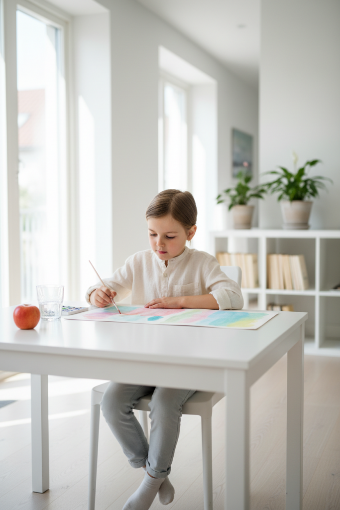 Ein entspanntes Kind lernt am Schreibtisch nach erfolgreicher neuromotorischer Entwicklungsförderung und Reflexintegration.
