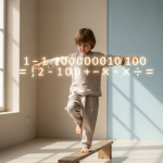 Kind balanciert konzentriert vor schwebenden Zahlen zur Veranschaulichung der neuromotorischen Basis von Mathematik im NPZ Ruhm.