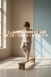 Kind balanciert konzentriert vor schwebenden Zahlen zur Veranschaulichung der neuromotorischen Basis von Mathematik im NPZ Ruhm.