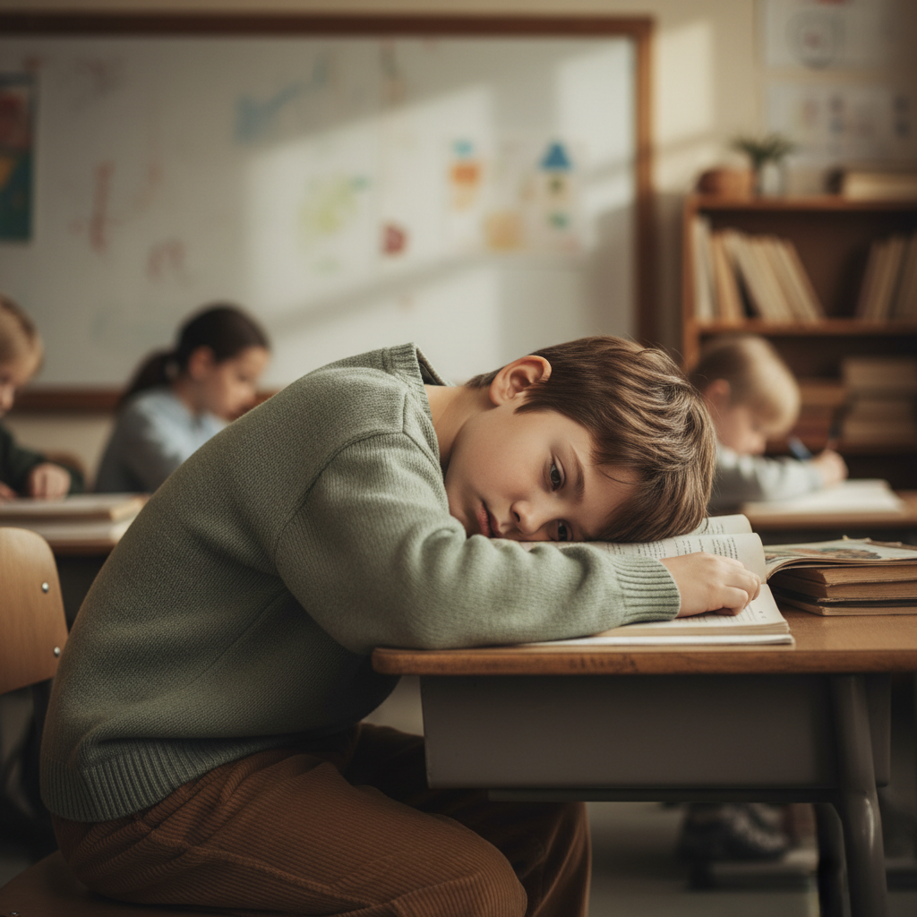 Ein siebenjähriges Kind sitzt erschöpft an einem Schreibtisch im Klassenzimmer, stützt den Kopf müde auf die Arme und lümmelt unruhig auf dem Stuhl.