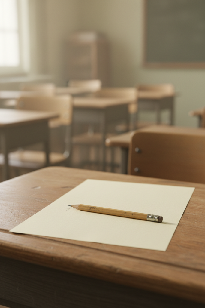 Nahaufnahme von einem hölzernen Bleistift, der flach und ungenutzt auf einem leeren weißen Blatt Papier auf einer Schulbank liegt, im Hintergrund ein weich gezeichnetes Klassenzimmer.
