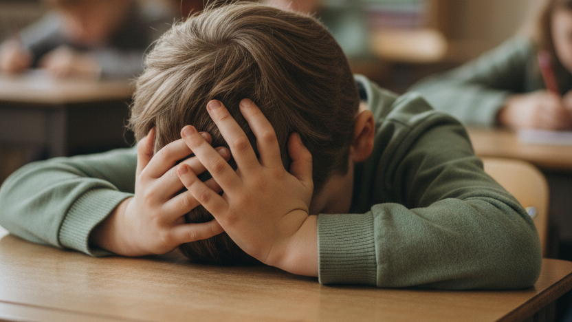 Ein siebenjähriges Kind sitzt von hinten fotografiert an einer Schulbank, stützt den Kopf schwer in beide Hände und stützt die Ellbogen auf der Holzplatte ab.