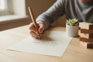 Nahaufnahme einer Kinderhand, die mit einem Holzstift konzentriert auf Papier schreibt, daneben eine kleine Pflanze und ein Holz-Balancespielzeug als Symbol für die INPP-Entwicklungsförderung im NPZ Ruhm.