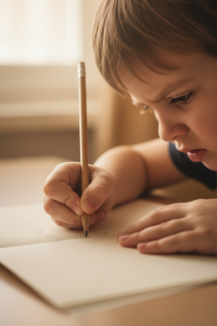 Nahaufnahme der Hand eines siebenjährigen Kindes, das verkrampft einen Holzstift hält und mit schräg gelegtem Kopf mühsam auf Papier schreibt.