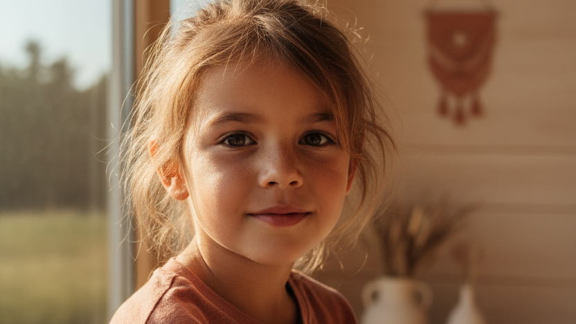 Ein siebenjähriges Kind in einem terracottafarbenen T-Shirt sitzt an einem hellen Fenster und blickt mit einem zuversichtlichen, entspannten Gesichtsausdruck nach vorne.