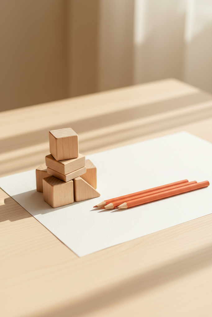 Nahaufnahme von terracottafarbenen Holzstiften und naturbelassenen Holzbausteinen, die ordentlich auf einem weißen Blatt Papier auf einem hellen Holztisch liegen.