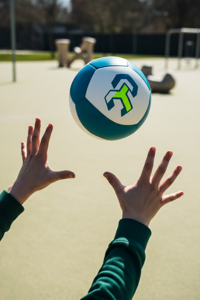 Fotorealistisches, KI-generiertes Bild von Kinderhänden, die einen petrol-weißen Ball knapp verfehlen. Symbolbild für die Auge-Hand-Koordination.