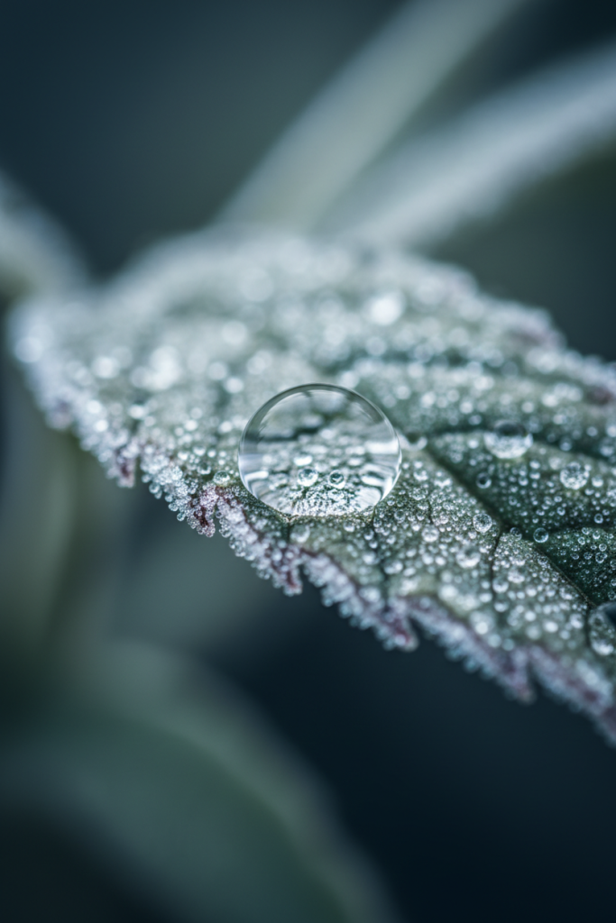 Nahaufnahme eines glasklaren Wassertropfens auf einem graugrünen Blatt, der wie eine Lupe wirkt.