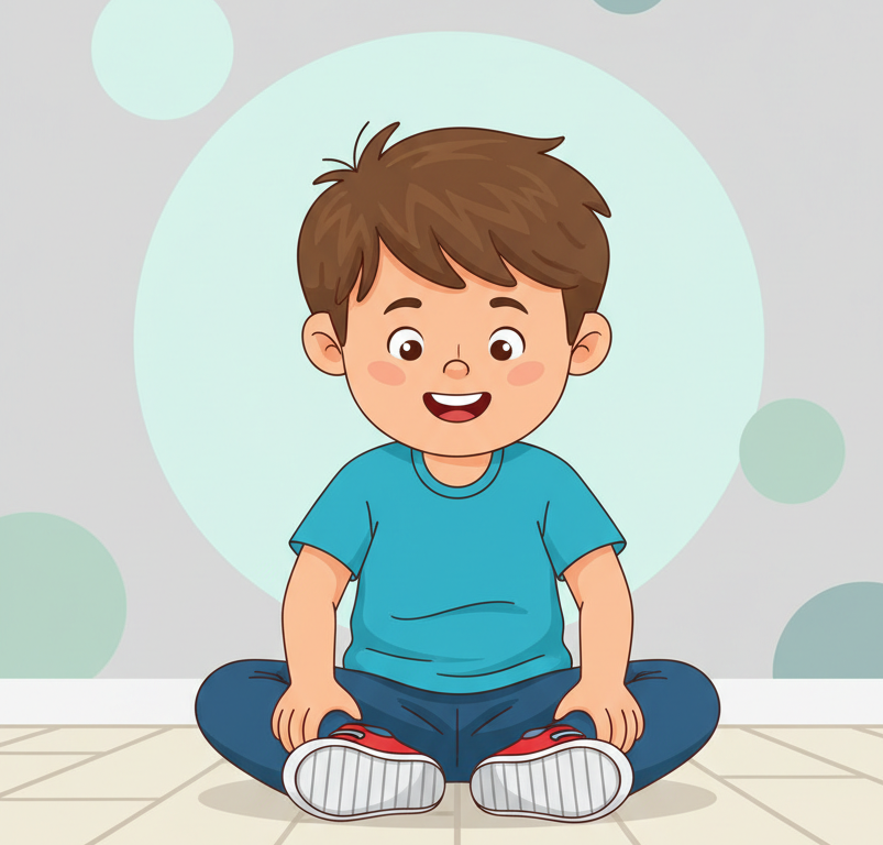 Helle, fröhliche Vektor-Illustration eines Kindes, das auf dem Boden sitzt und stolz auf seine richtig angezogenen Schuhe blickt.