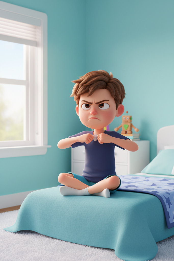 3D-Illustration eines 7-jährigen europäischen Jungen mit braunen Haaren, der frustriert am Kragen seines dunkelblauen T-Shirts zieht.