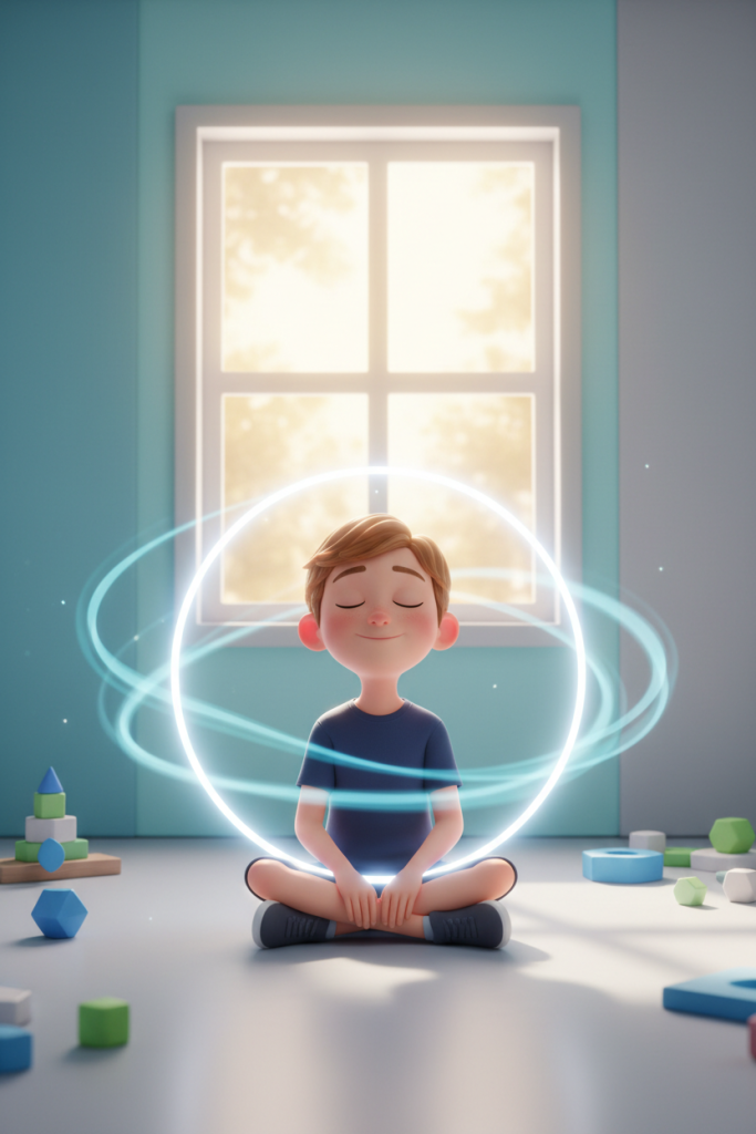 3D-Illustration eines entspannten europäischen Jungen, der von einem schützenden Lichtkreis umgeben ist, in einem hellen, cyanfarbenen Raum.