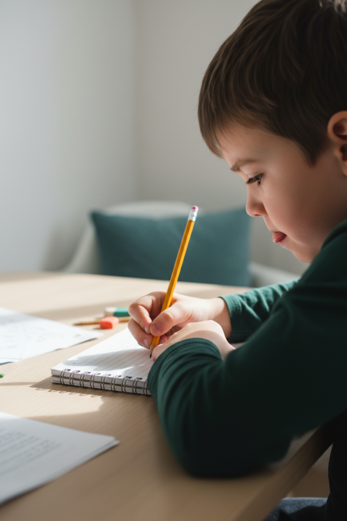 • KI-generiertes Bild aus der Perspektive über die Schulter: Hände eines Kindes beim Schreiben, während sich im Profil die Zunge unwillkürlich mitbewegen könnte. Visualisierung der Babkin-Reaktion.