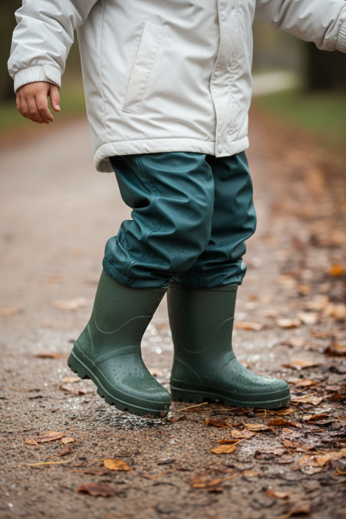 KI-generiertes Nahaufnahme-Bild von Kinderbeinen in grünen Gummistiefeln und petrolfarbener Matschhose auf nassem Sandboden. Symbolisiert mögliche Unsicherheiten der Eigenwahrnehmung.