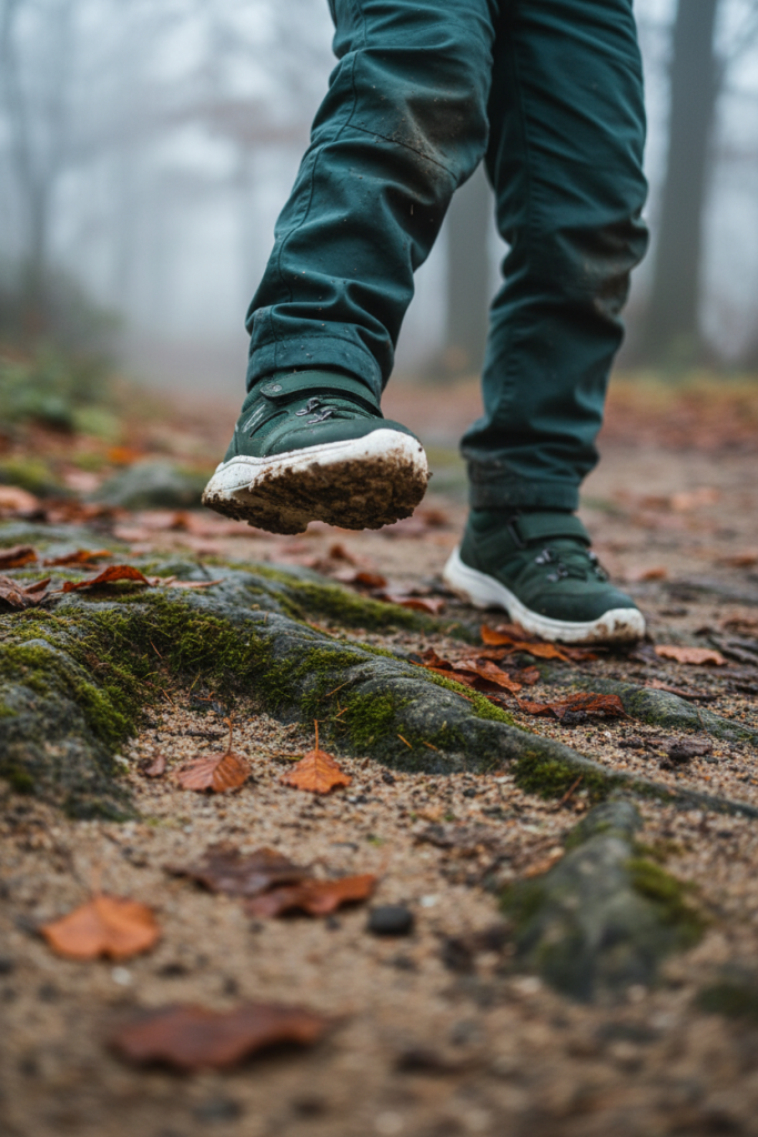 KI-generiertes Nahaufnahme-Bild von stolpernden Kinderfüßen auf unebenem Waldboden im Nebel. Visualisiert mögliche Unsicherheiten der Eigenwahrnehmung.